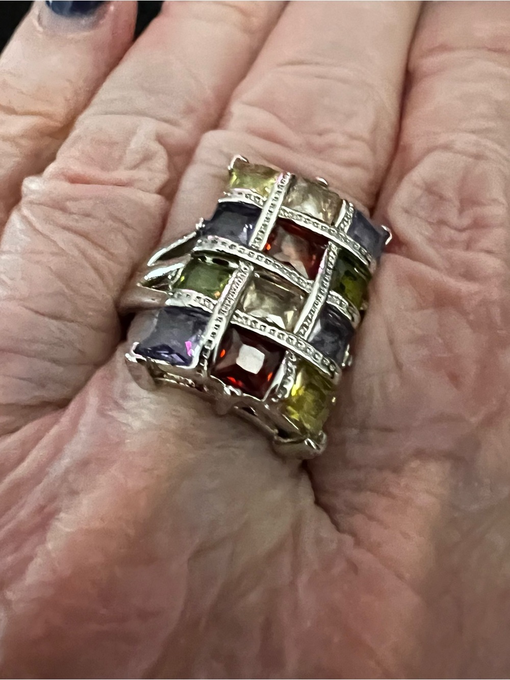 Multi-Gemstone Square Statement Ring - Silver Tone - Picture 5 of 12